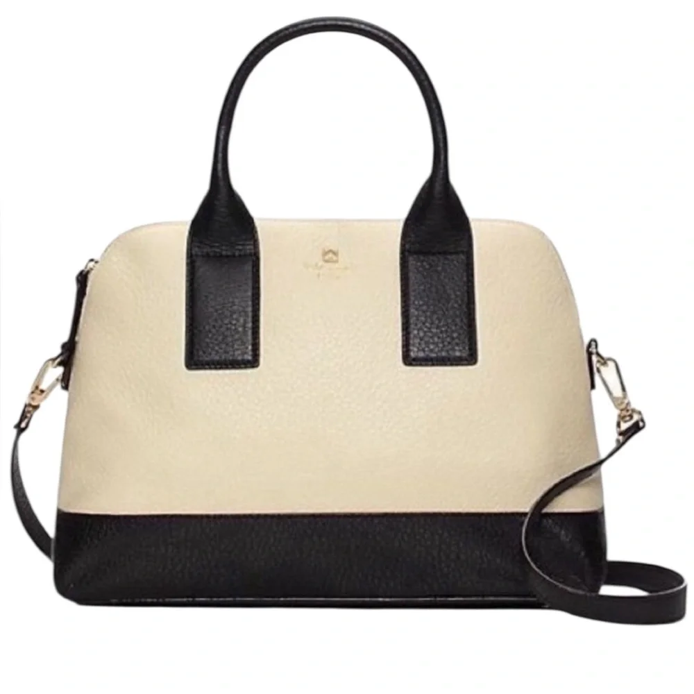 Kate Spade Southport Jenny Leather Satchel Cream Black EUC $398 Retail